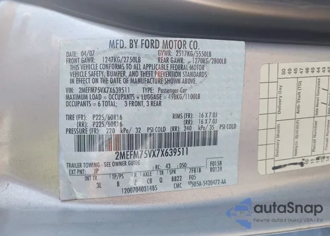 2007 Mercury Grand Marquis Ls z USA, uszkodzony, nr VIN 2MEFM75VX7X639511